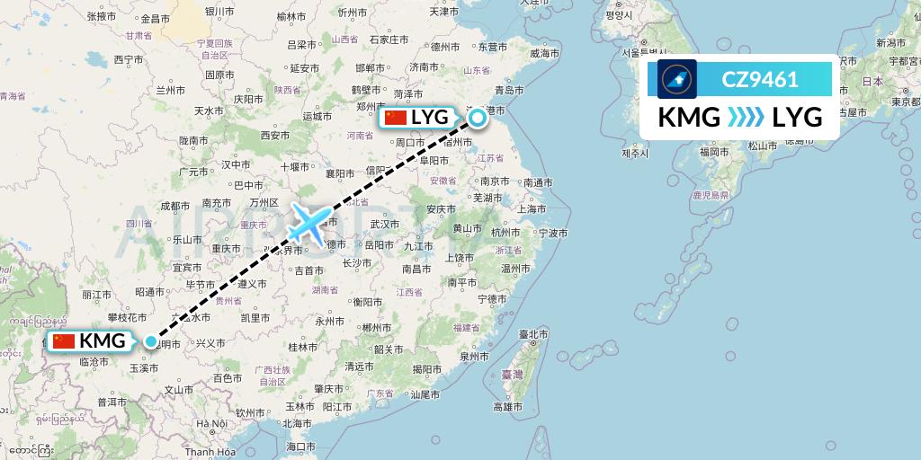 CZ9461 China Southern Airlines Flight Map: Kunming to Lianyungang
