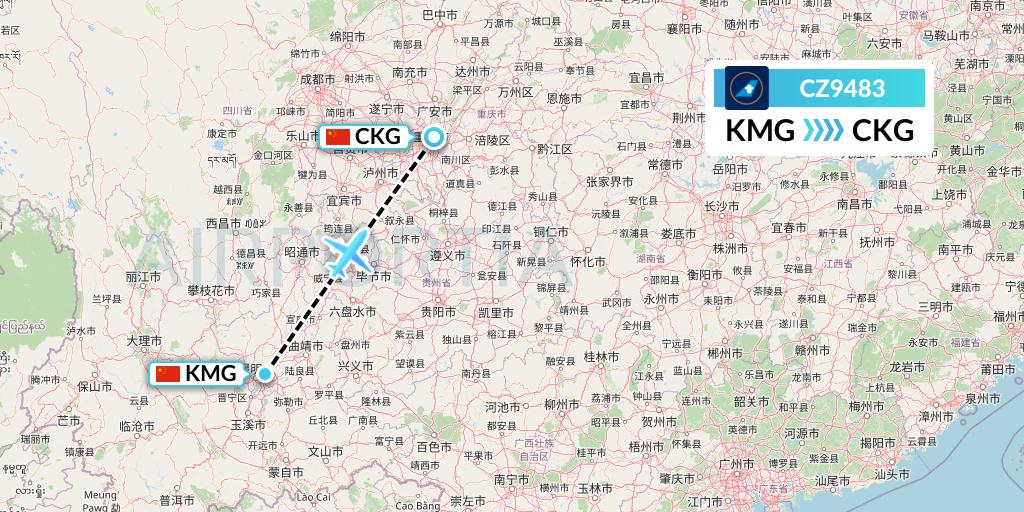 CZ9483 China Southern Airlines Flight Map: Kunming to Chongqing
