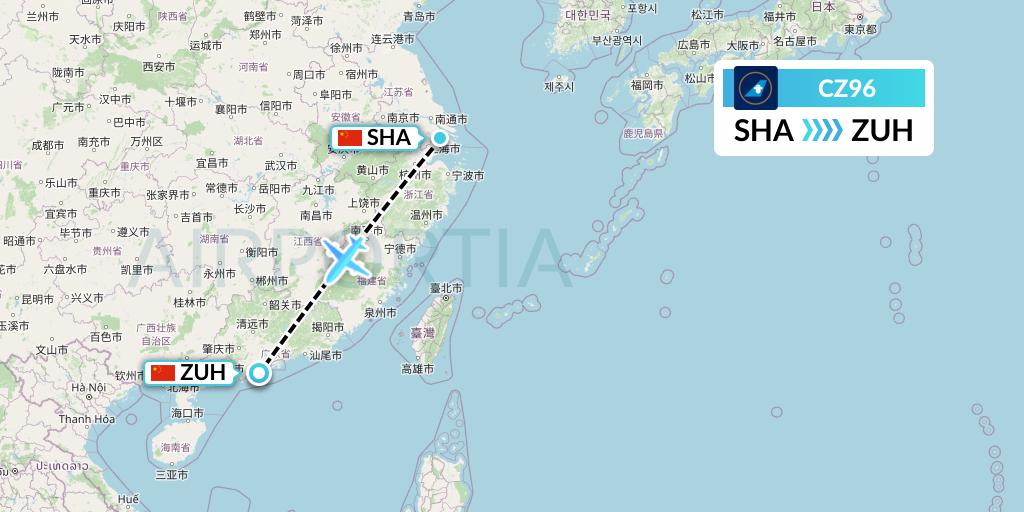 CZ96 China Southern Airlines Flight Map: Shanghai to Zhuhai