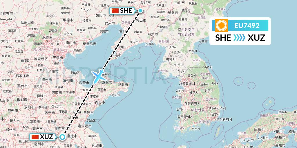 EU7492 Chengdu Airlines Flight Map: Shenyang to Xuzhou