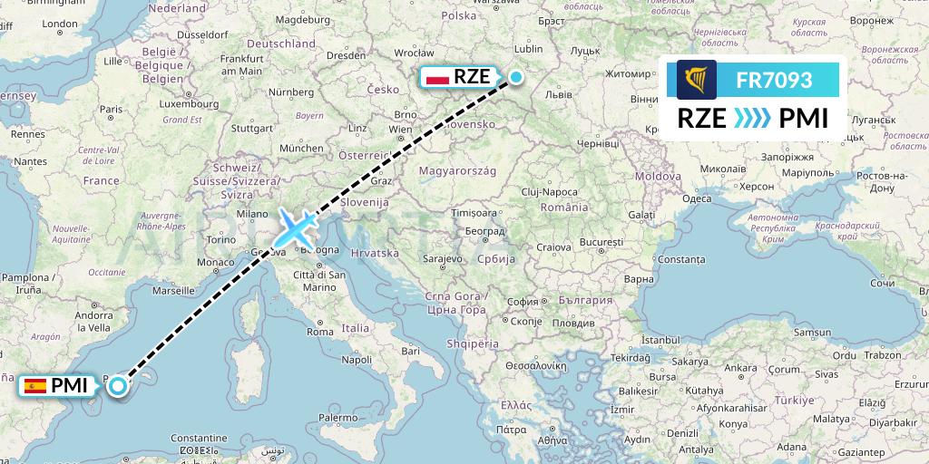FR7093 Ryanair Flight Map: Rzeszow to Palma de Mallorca