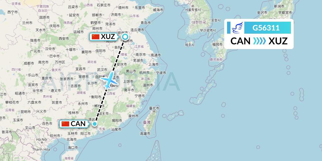 G56311 China Express Airlines Flight Map: Guangzhou to Xuzhou