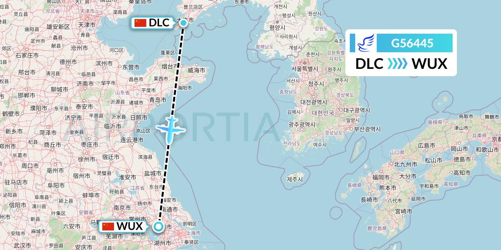 G56445 China Express Airlines Flight Map: Dalian to Wuxi