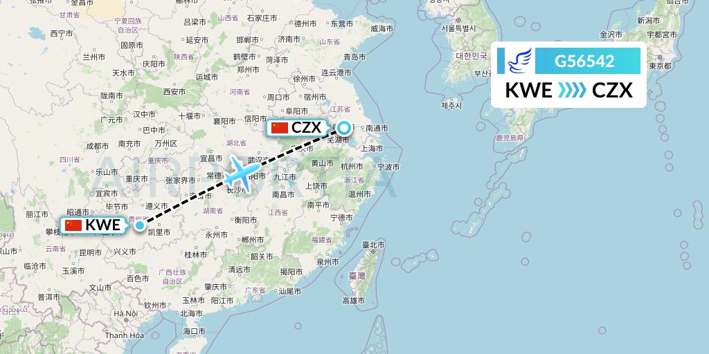 G56542 China Express Airlines Flight Map: Guiyang to Changzhou