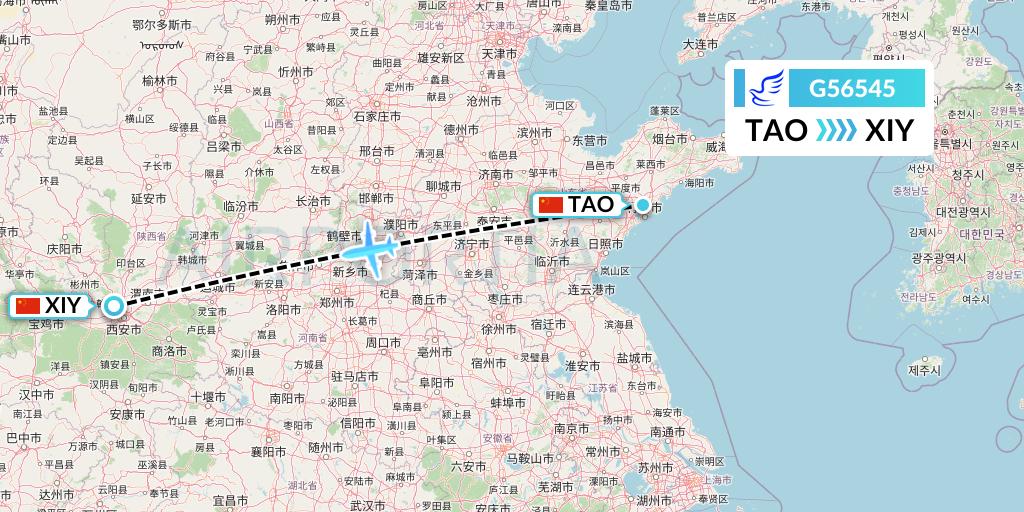 G56545 China Express Airlines Flight Map: Qingdao to Xi'an