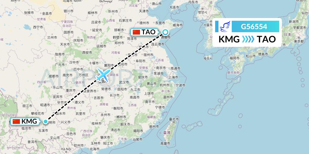 G56554 China Express Airlines Flight Map: Kunming to Qingdao