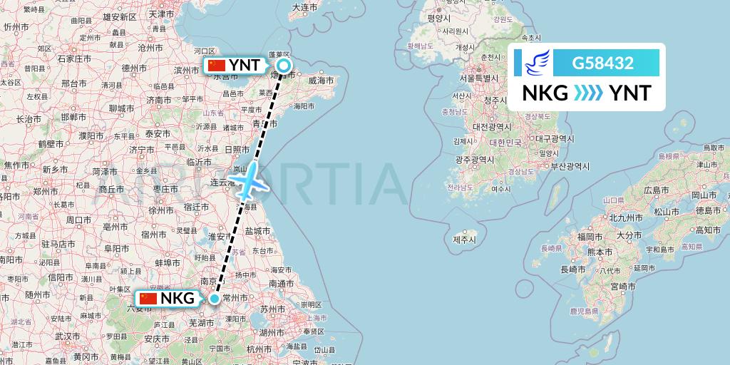 G58432 China Express Airlines Flight Map: Nanjing to Yantai