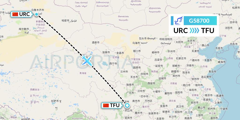 G58700 China Express Airlines Flight Map: Urumqi to Chengdu