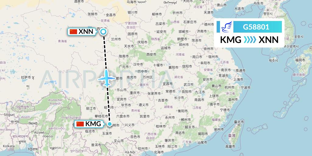 G58801 China Express Airlines Flight Map: Kunming to Xining
