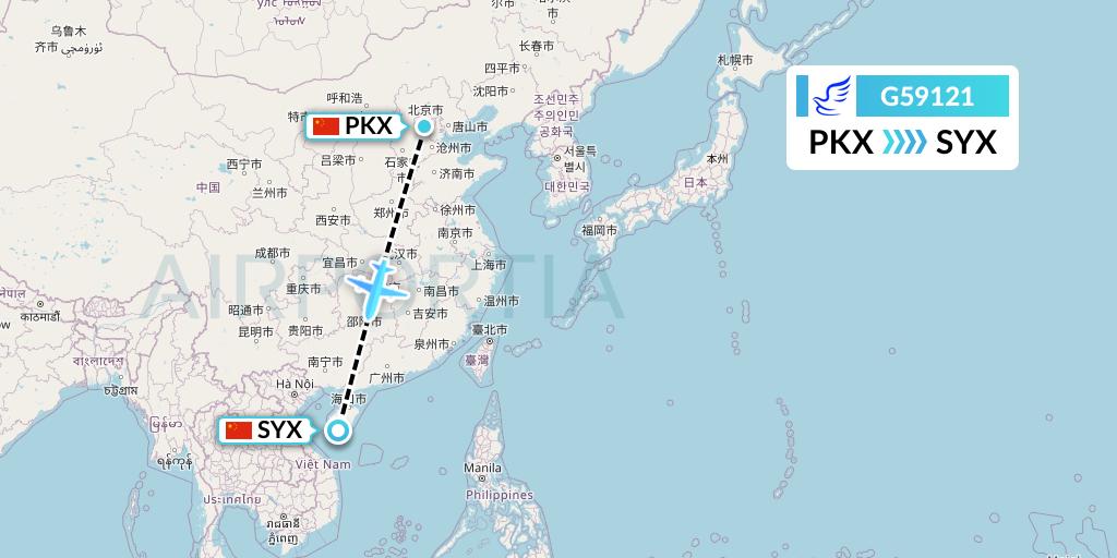 G59121 China Express Airlines Flight Map: Beijing to Sanya
