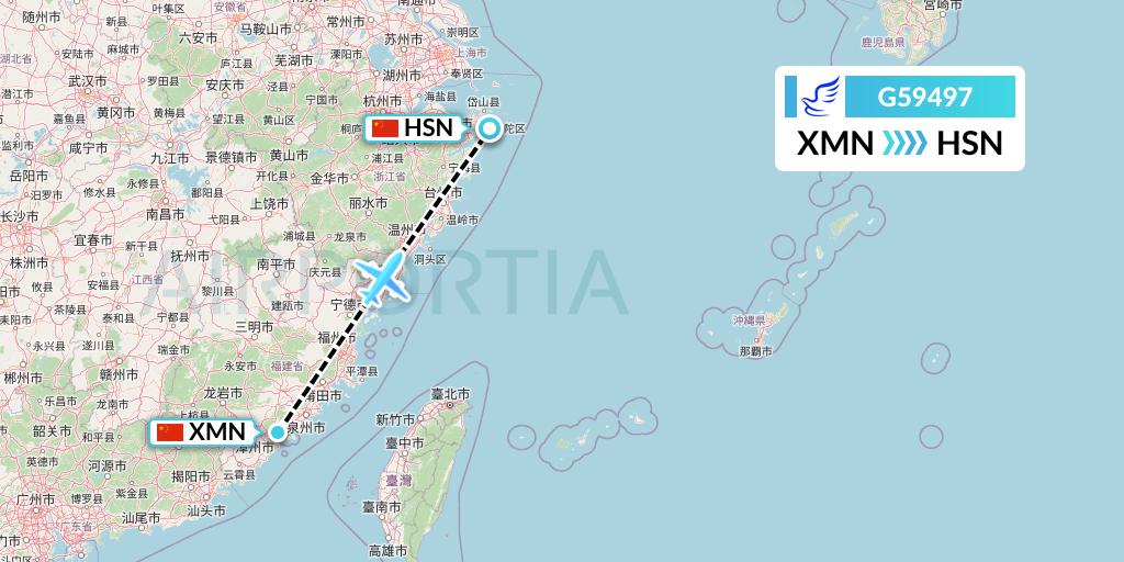 G59497 China Express Airlines Flight Map: Xiamen to Zhoushan
