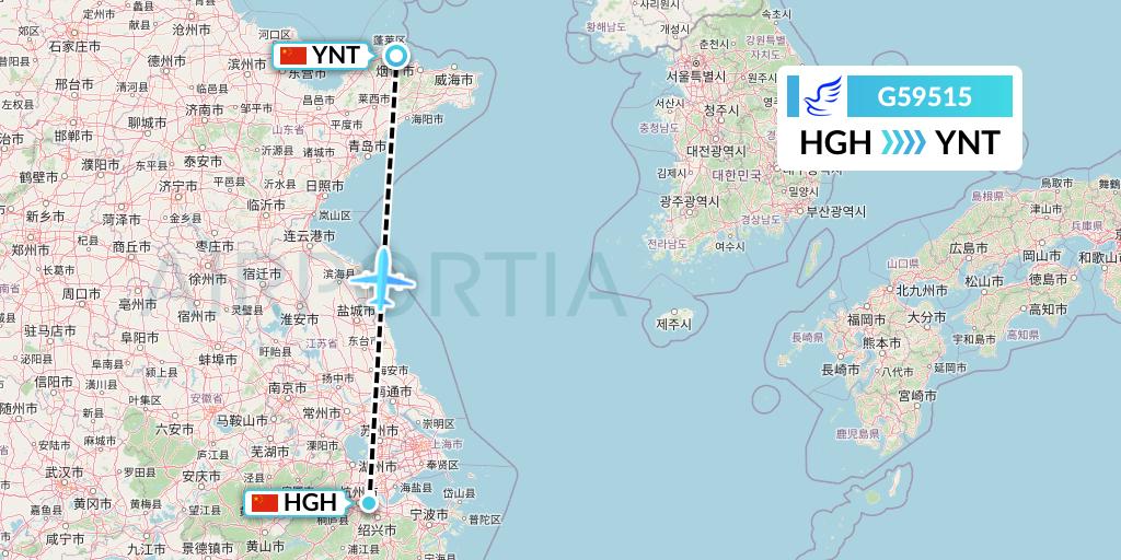 G59515 China Express Airlines Flight Map: Hangzhou to Yantai