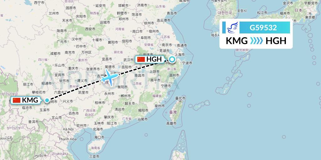 G59532 China Express Airlines Flight Map: Kunming to Hangzhou