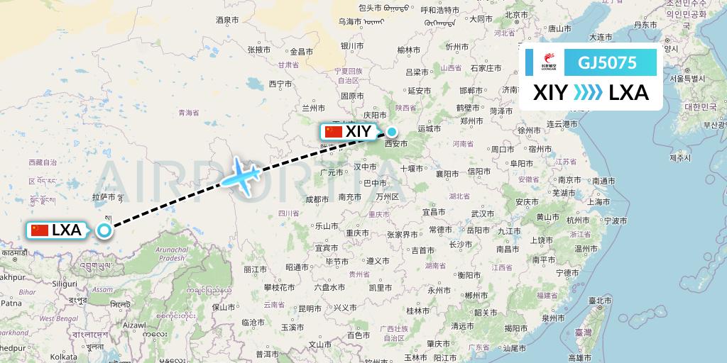 GJ5075 Loong Airlines Flight Map: Xi'an to Lhasa
