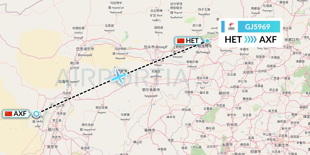 GJ5969 Loong Airlines Flight Map: Hohhot to Yinchuan