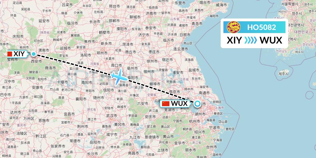 HO5082 Juneyao Airlines Flight Map: Xi'an to Wuxi