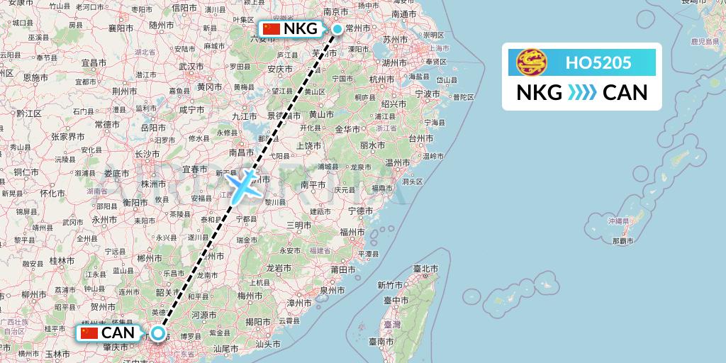 HO5205 Juneyao Airlines Flight Map: Nanjing to Guangzhou