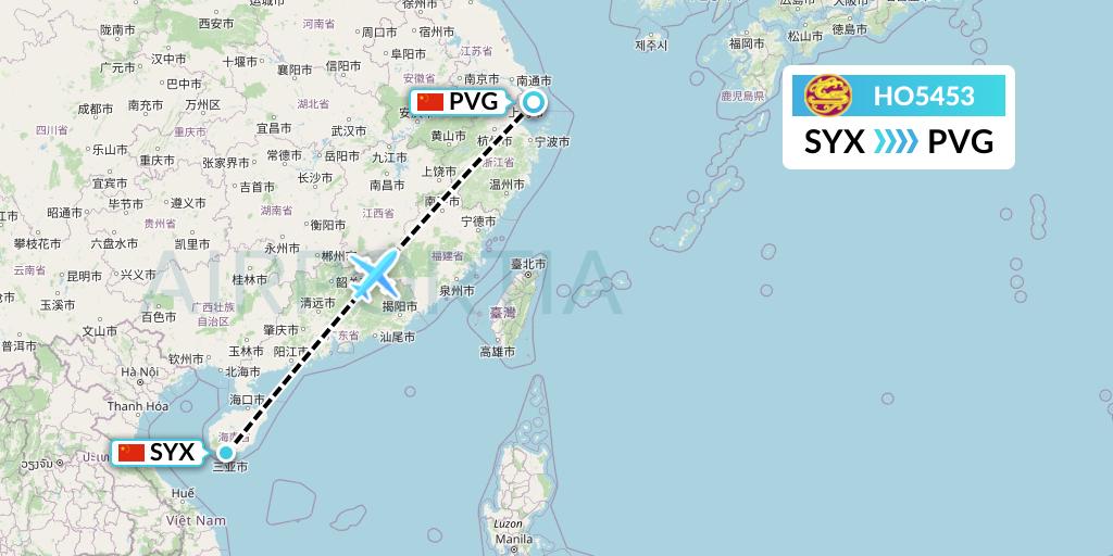 HO5453 Juneyao Airlines Flight Map: Sanya to Shanghai