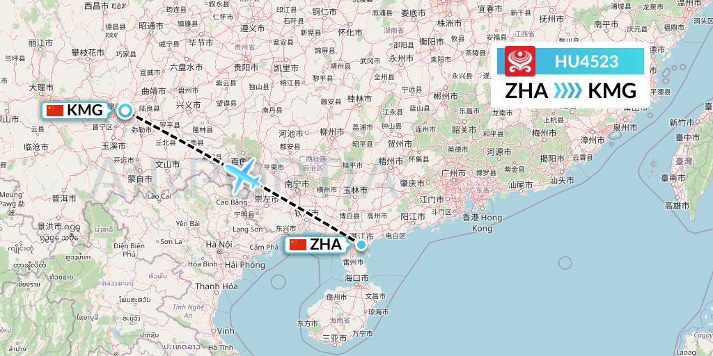 HU4523 Hainan Airlines Flight Map: Zhanjiang to Kunming