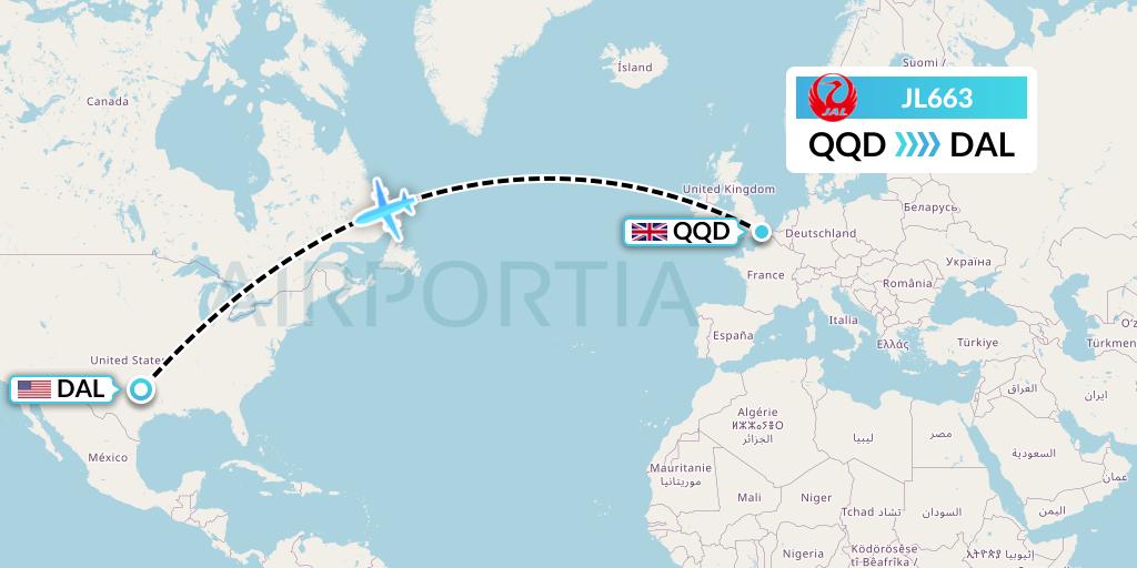 JL663 Japan Airlines Flight Map: Dover to Dallas