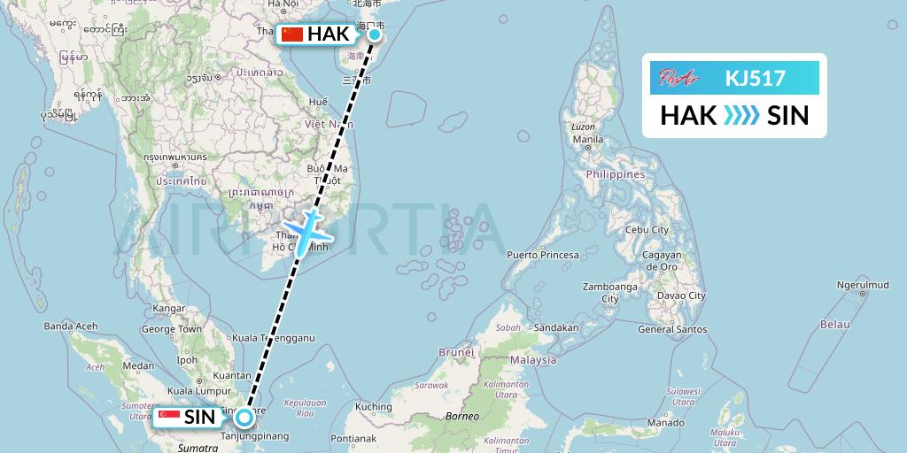KJ517 Air Incheon Flight Map: Haikou to Singapore