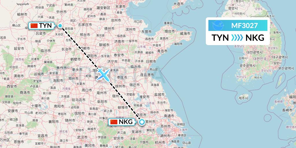 MF3027 Xiamen Airlines Flight Map: Taiyuan to Nanjing
