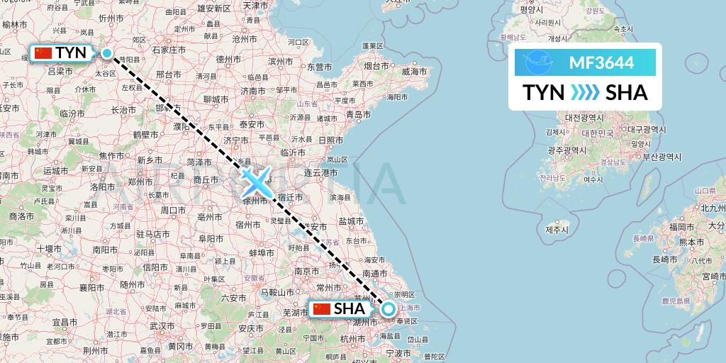 MF3644 Xiamen Airlines Flight Map: Taiyuan to Shanghai