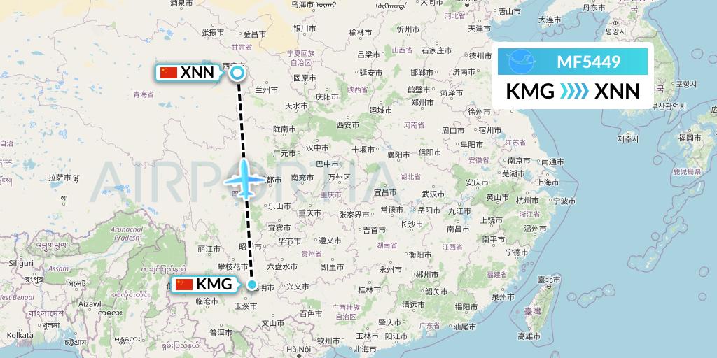 MF5449 Xiamen Airlines Flight Map: Kunming to Xining
