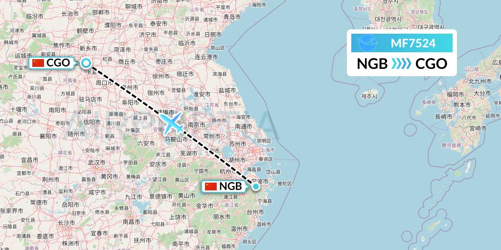 MF7524 Xiamen Airlines Flight Map: Ningbo to Zhengzhou