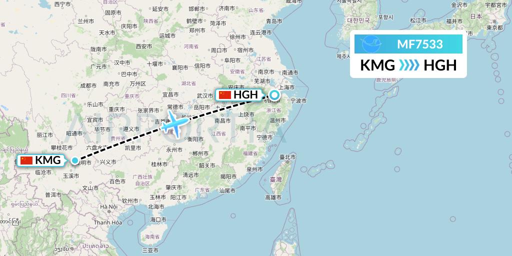 MF7533 Xiamen Airlines Flight Map: Kunming to Hangzhou