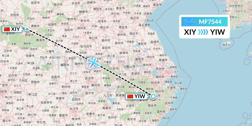 MF7544 Xiamen Airlines Flight Map: Xi'an to Yiwu