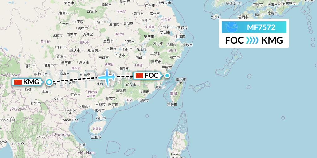 MF7572 Xiamen Airlines Flight Map: Fuzhou to Kunming