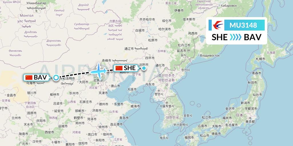 MU3148 China Eastern Airlines Flight Map: Shenyang to Baotou