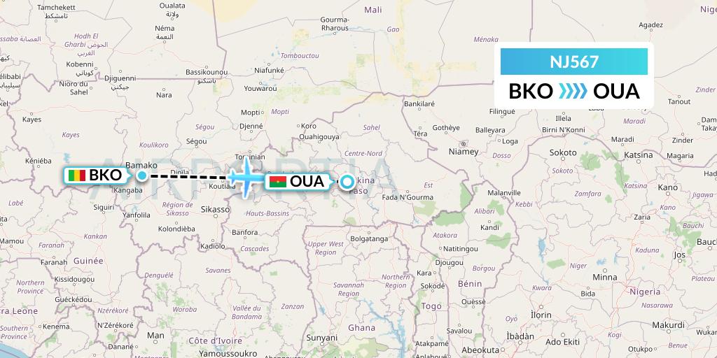 NJ567 Ghadames Air Transport Flight Map: Bamako to Ouagadougou
