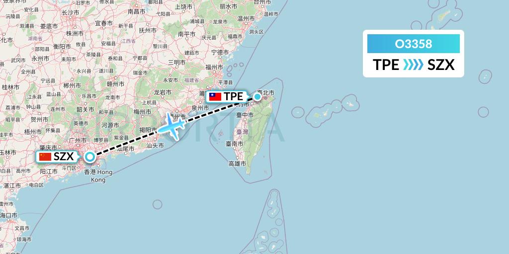 O3358 SF Airlines Flight Map: Taipei to Shenzhen