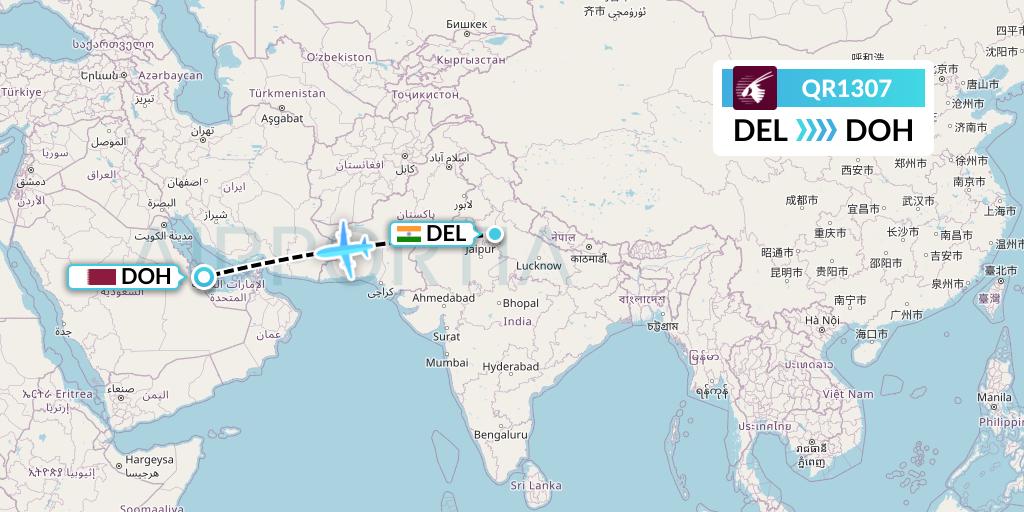QR1307 Qatar Airways Flight Map: Delhi to Doha