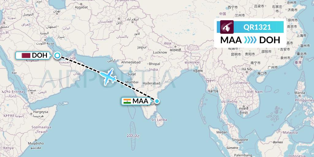 QR1321 Qatar Airways Flight Map: Chennai to Doha