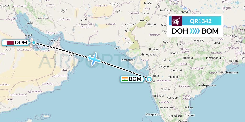 QR1342 Qatar Airways Flight Map: Doha to Mumbai