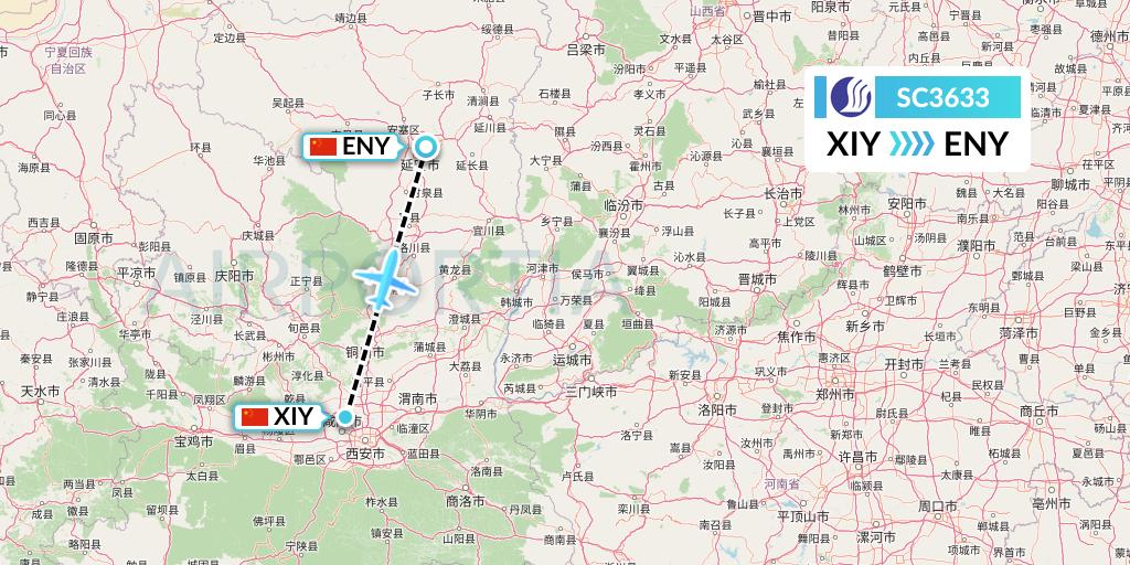 SC3633 Shandong Airlines Flight Map: Xi'an to Yan'an
