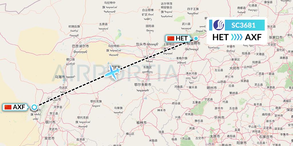 SC3681 Shandong Airlines Flight Map: Hohhot to Yinchuan
