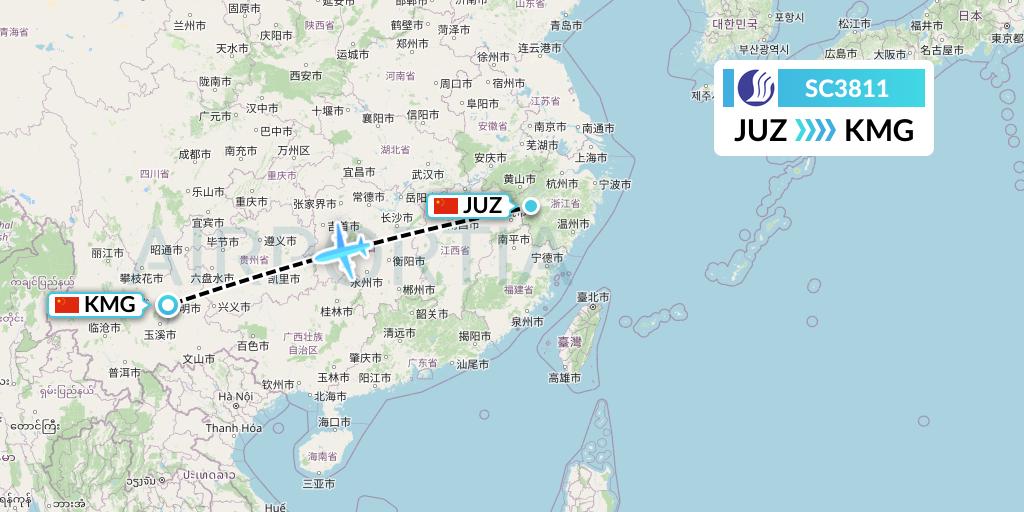 SC3811 Shandong Airlines Flight Map: Quzhou to Kunming