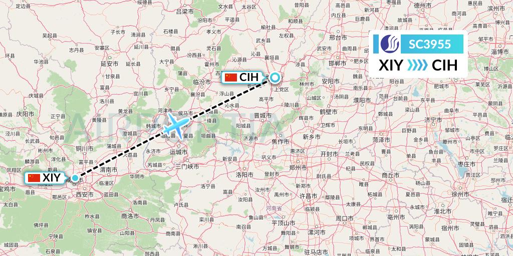 SC3955 Shandong Airlines Flight Map: Xi'an to Changzhi