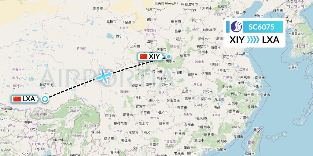 SC6075 Shandong Airlines Flight Map: Xi'an to Lhasa