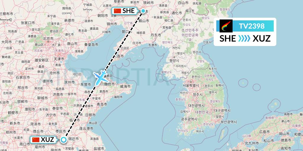 TV2398 Tibet Airlines Flight Map: Shenyang to Xuzhou