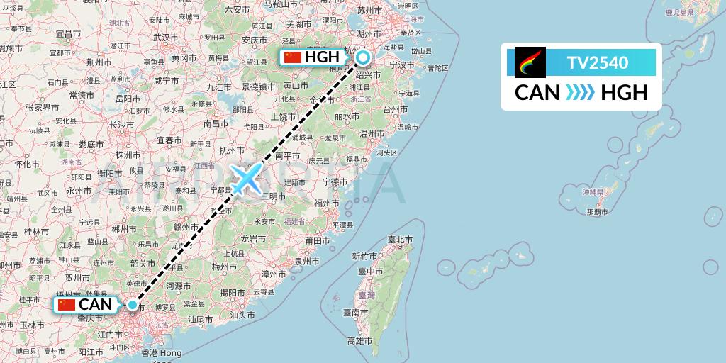 TV2540 Tibet Airlines Flight Map: Guangzhou to Hangzhou
