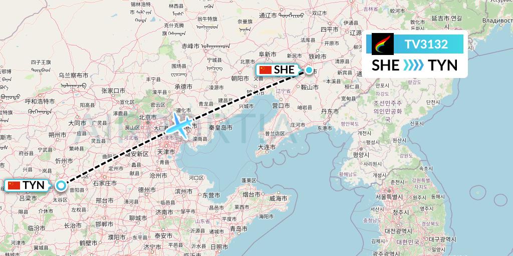 TV3132 Tibet Airlines Flight Map: Shenyang to Taiyuan