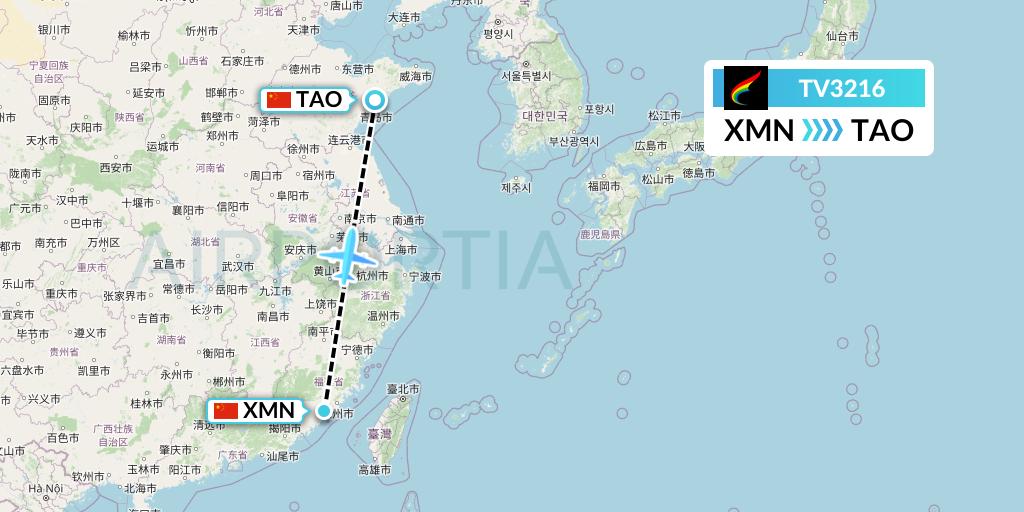 TV3216 Tibet Airlines Flight Map: Xiamen to Qingdao