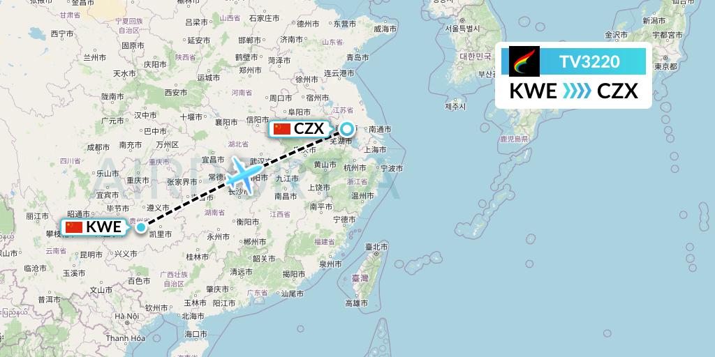 TV3220 Tibet Airlines Flight Map: Guiyang to Changzhou