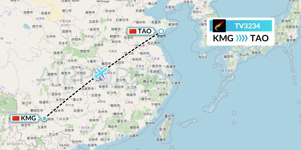 TV3234 Tibet Airlines Flight Map: Kunming to Qingdao