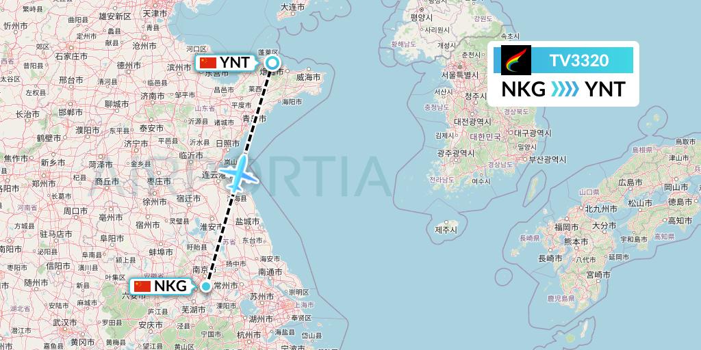 TV3320 Tibet Airlines Flight Map: Nanjing to Yantai